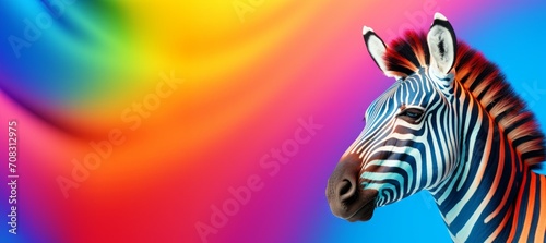 A zebra stands against a rainbow background  its form part of op art.