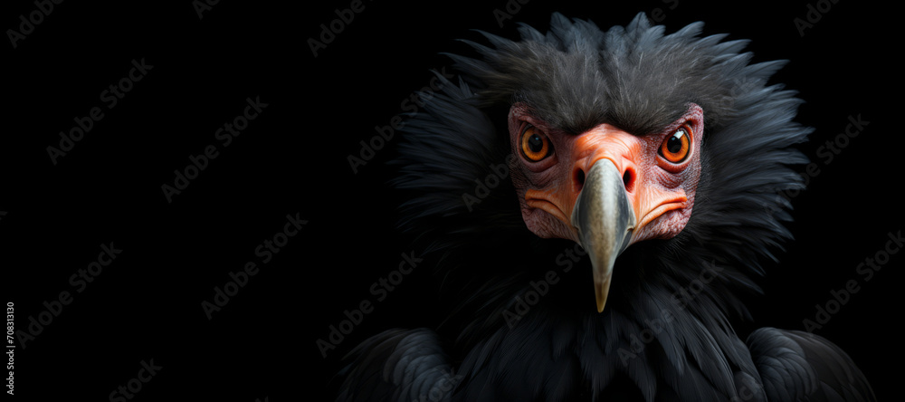 A portrait of a raven, resembling a vulture, stands out against a black background.