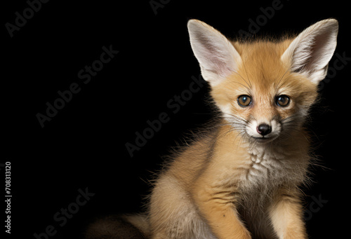 A baby fennec fox is seen sitting on a black surface.