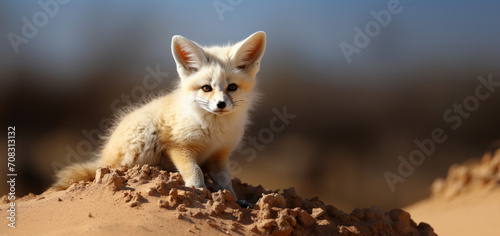 A small  cute white fox  identified as a fennec  sits on a pile of dirt.