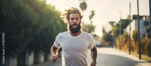 Fit Caucasian 20s hipster guy jogging, prioritizing a healthy lifestyle and fitness goals, training his body and physical strength through morning cardio workouts. photo