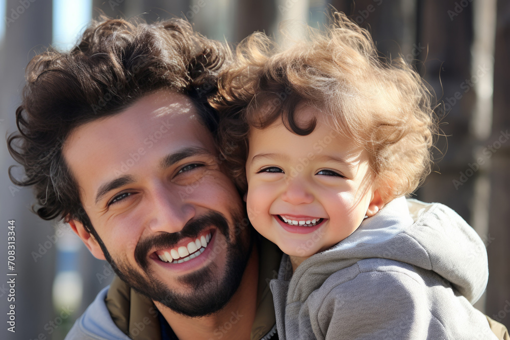 A smiling man, his large front teeth visible, holds a small child in his arms. A smiling man, his large front teeth visible, holds a small child in his arms.