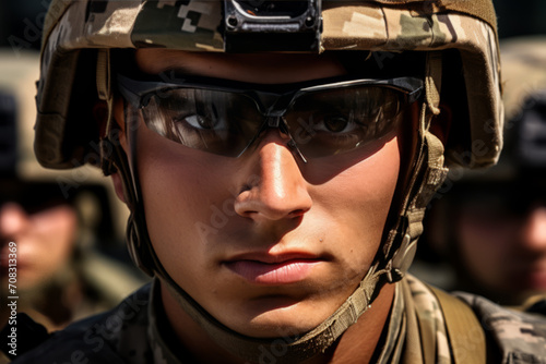 A person, wearing a helmet and sunglasses with a dark visor, is captured in a military portrait. © Duka Mer