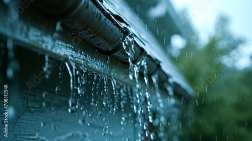 Close-up of rain spout on house, channeling water away from the roof. photo