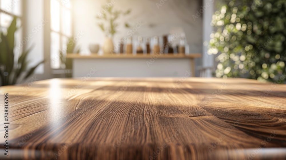 Fototapeta premium Empty Wooden Table in Sunny Kitchen Interior