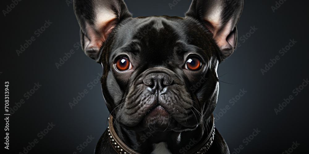 Dog diary of captivating photos for puppy lover French Bulldog with intense gaze black background.AI Generative
