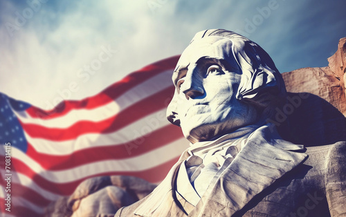 Statue of George Washington and american flag. Presidents day. Independence day. American holidays
