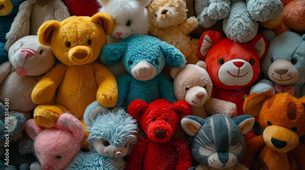Assortment of cuddly stuffed animals in a colorful display - obrazy, fototapety, plakaty 