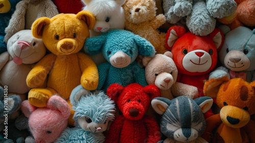 Assortment of cuddly stuffed animals in a colorful display photo