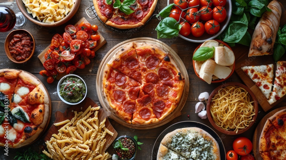 Delicious spread of Italian cuisine featuring pizza and pasta dishes