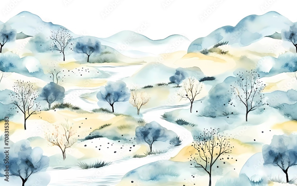 Watercolor seamless pattern with spring winter nature landscape in abstract style. generative ai