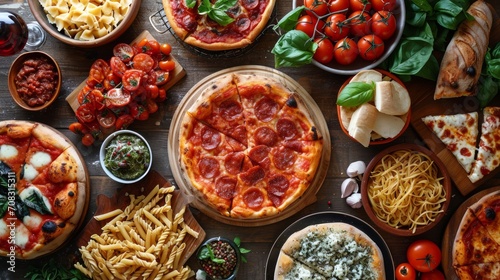 Delicious spread of Italian cuisine featuring pizza and pasta dishes