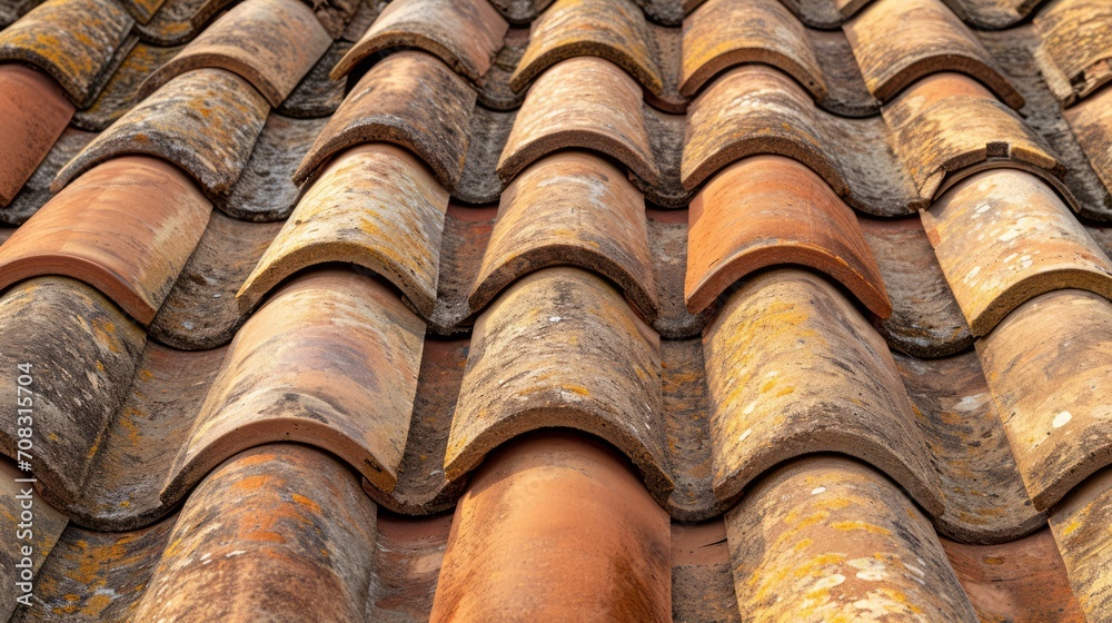 Terracotta roof tiles display a pattern under the sunlight