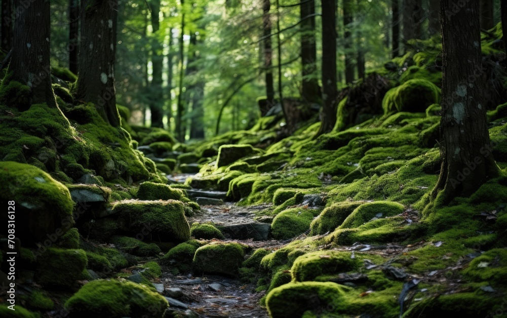 Enchanting Forest Path Covered with Lush Green Moss Enchanting Forest Path Covered with Lush Green Moss