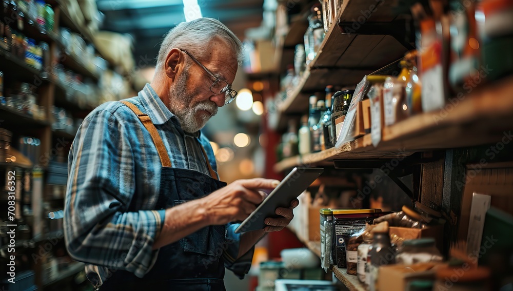 Senior man in apron using digital tablet while working in a warehouse Senior man in apron using digital tablet while working in a warehouse