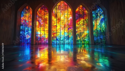 Colorful stained glass windows in a church with reflection on the floor
