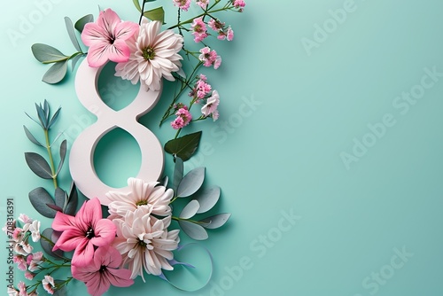 Flowers composition. Greeting card for Womens day or 8 march. Flat lay, top view photo