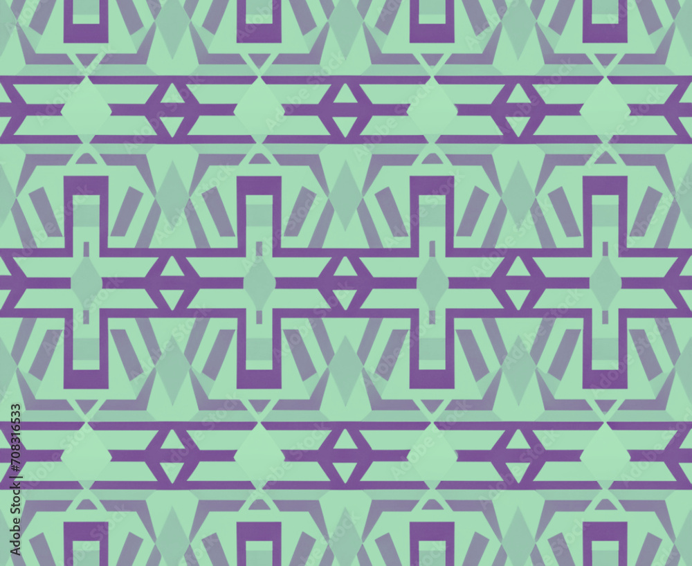 Geometric Art Decoration Seamless Pattern in purple and green Colors