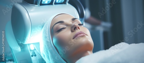 Beauty treatment using intense pulsed light therapy at a cosmetic clinic, for pigmentation removal and anti-aging. photo