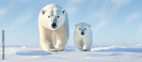 Mother polar bear and baby cub frolicking on icy terrain.