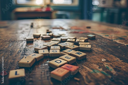 number of Scrabble letter tiles scattered across a wooden table