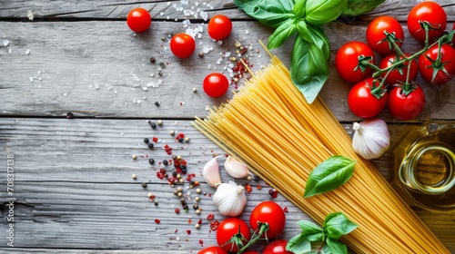 Raw Spaghetti with Fresh Tomatoes and Basil on Rustic Wood
