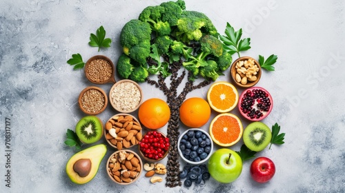 Nutritious Broccoli Tree with Healthy Foods on Concrete Background