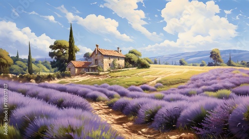 Idyllic landscape painting of a rustic countryside home amidst lavender fields, with cypress trees and rolling hills under a sunny sky © Ahmad-Muslimin
