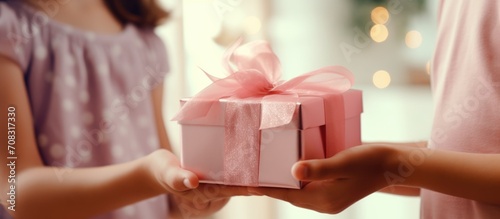Preschool girl surprises mom with a hidden pink gift on her birthday, close-up of the wrapped present.