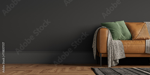 Wallpaper mockup in Black living room interior with leather sofa, with transparent background, 3d render, 3D illustration photo