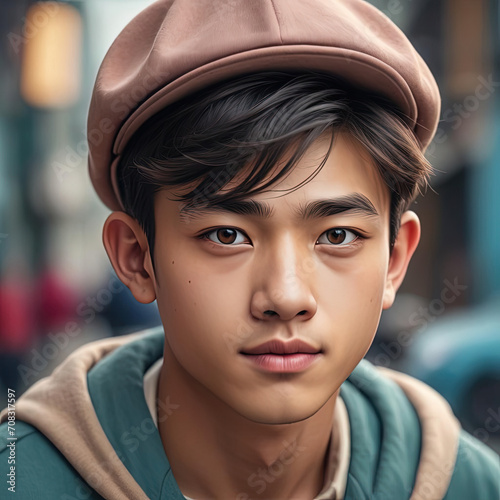 Expressive Vintage Portrait of Petite Teenage East Asian Man with Dreamy Eyes Gen AI photo