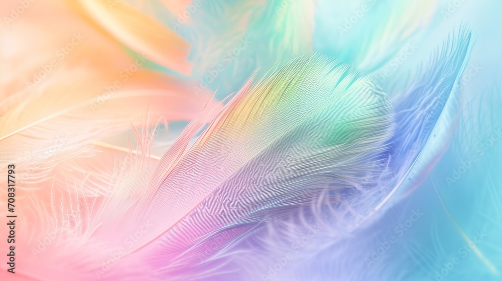 Abstract feather soft light background. Closeup image of white fluffy feather on pastel colourful rainbow foggy background. AI generated image. Abstract feather soft light background. Closeup image of white fluffy feather on pastel colourful rainbow foggy background. AI generated image.