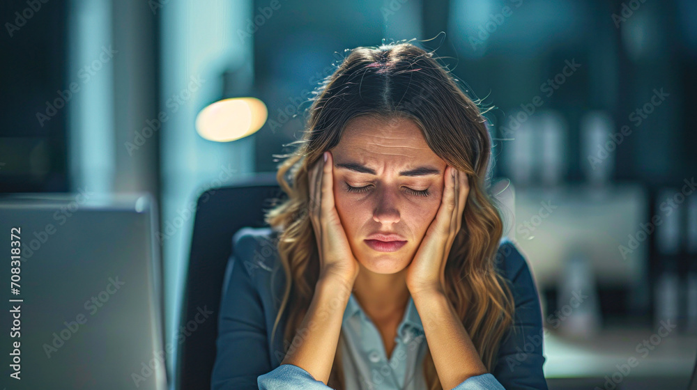 Business, burnout or woman with headache, stress or tired in office with fatigue, anxiety or depression. Depressed employee, sad female consultant or person frustrated with migraine pain in workplace Business, burnout or woman with headache, stress or tired in office with fatigue, anxiety or depression. Depressed employee, sad female consultant or person frustrated with migraine pain in workplace