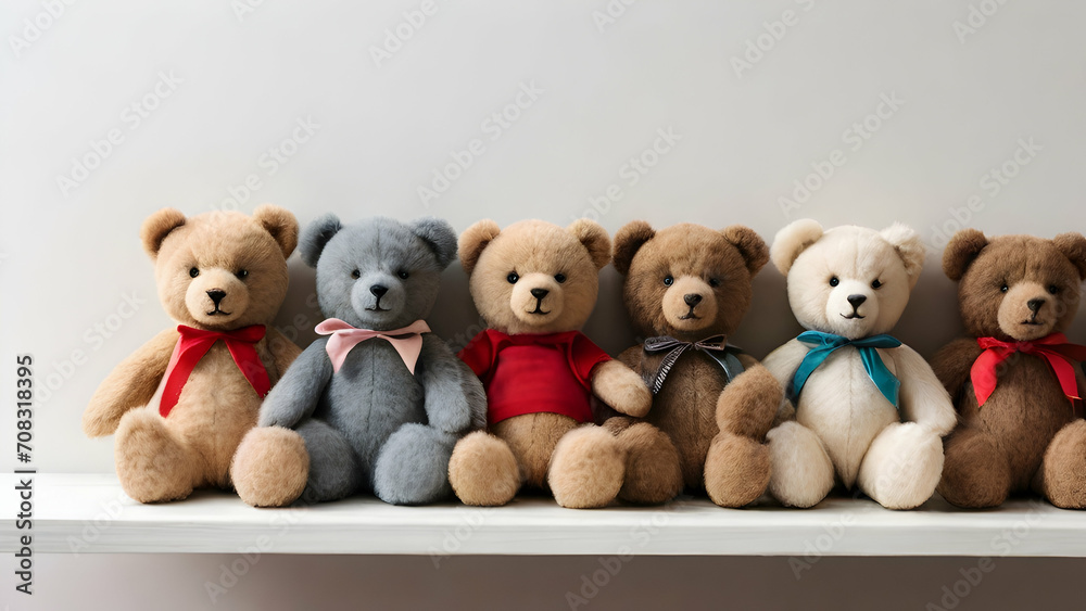 Teddy bears sitting on the white wooden shelve Teddy bears sitting on the white wooden shelve