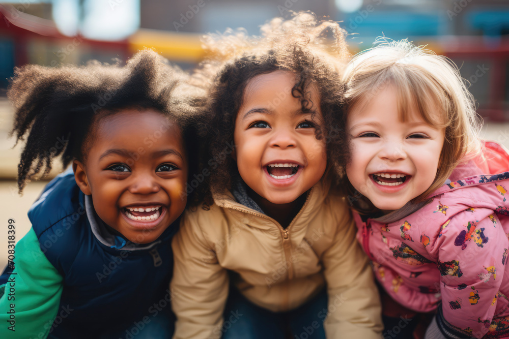 A diverse group of children, various abilities and backgrounds, play joyfully on an inclusive playground, celebrating unity, laughter, and acceptance	
