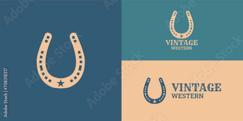 Horseshoe for Country, Western, Cowboy Ranch logo design inspiration in blue vintage color presented in multiple logo positions suitable for the logo of farmhouses, cattle, and others.