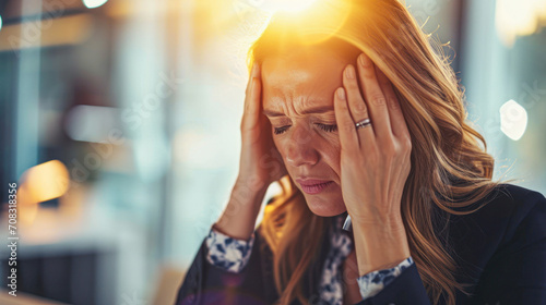 Business, burnout or woman with headache, stress or tired in office with fatigue, anxiety or depression. Depressed employee, sad female consultant or person frustrated with migraine pain in workplace