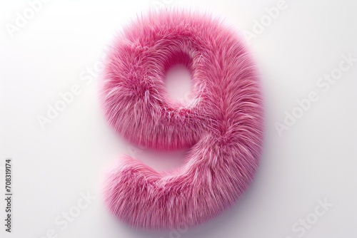 Cute pink number 9 or nine as fur shape, short hair, white background, 3D illusion, storybook style