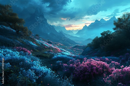 Fototapeta Naklejka Na Ścianę i Meble -  A glowing valley at midnight, with luminescent flowers and plants creating a magical and enchanting landscape under the celestial night sky