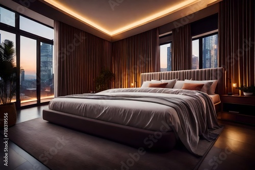 Bedroom features a plush bed with textured layers of pillows and bedding  and warm ambient lighting  all set against a backdrop of minimalist architecture