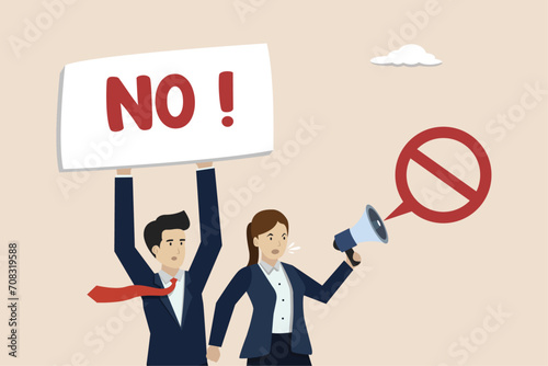 Employee protest, work strike or people demonstration, democracy or politic concept, people carrying protesting sign shouting on megaphone.