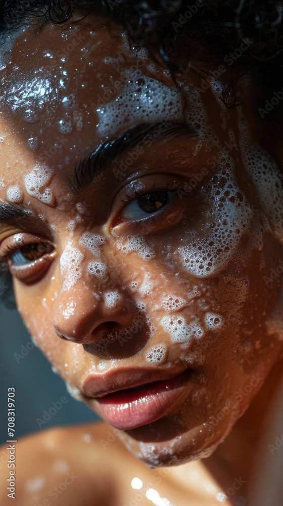 Close-up of a girl with a soapy face looking at the camera, skin care procedure.