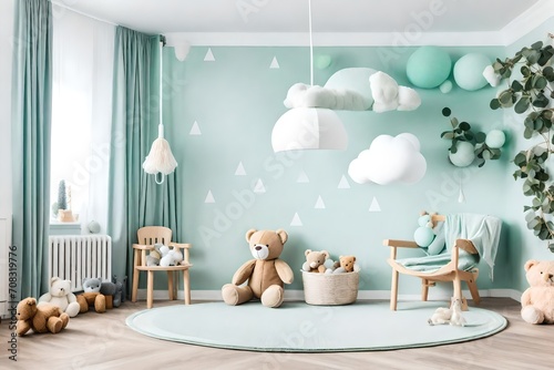 Stylish scandinavian kid room with toys, teddy bear, plush animal toys, mint armchair, umbrella, cotton balls. Modern interior with eucalyptus background walls, Design interior of childhood.