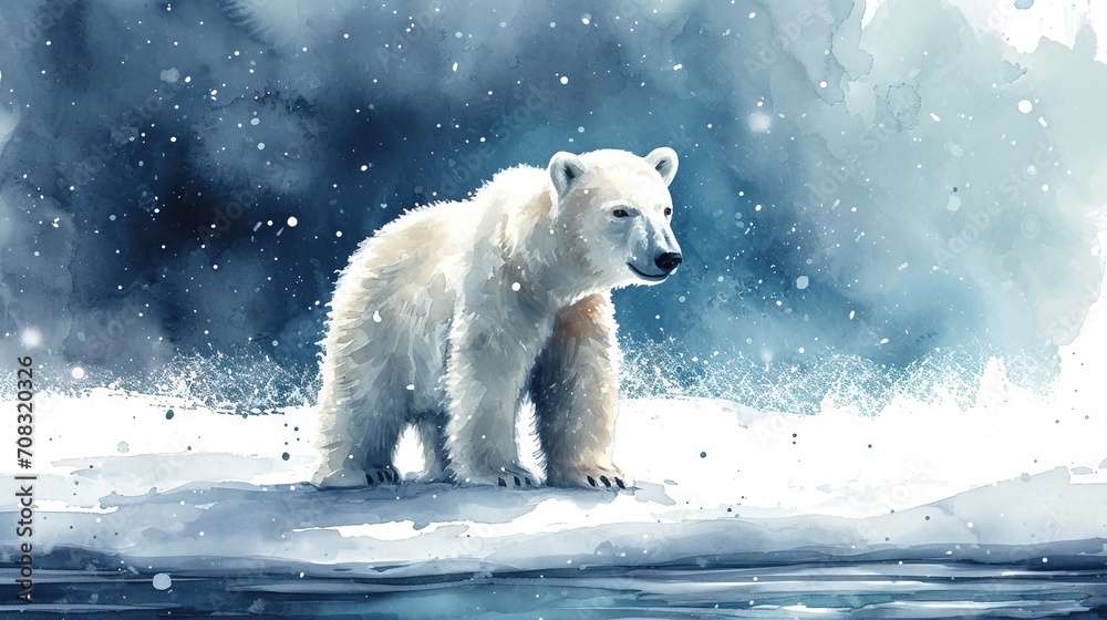 Watercolor cute happy polar bear in a winter's tale. Vintage style. Great as birth card for baby.