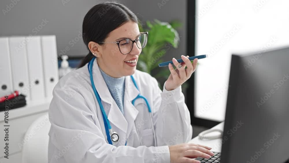 Young hispanic woman doctor sending voice message at clinic