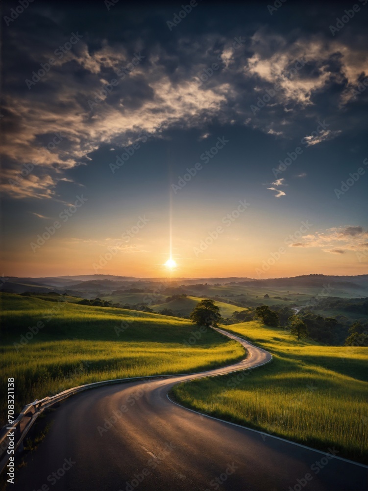 Road scenery in natural with morning sunshine, beautiful sky generative ai illustration art