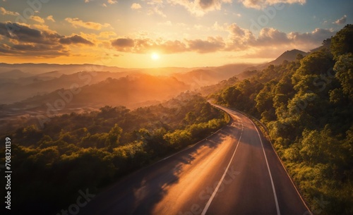 Road scenery in natural with morning sunshine, beautiful sky generative ai illustration art © gmm2000