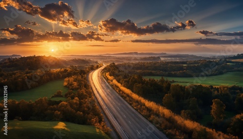 Road scenery in natural with morning sunshine  beautiful sky generative ai illustration art