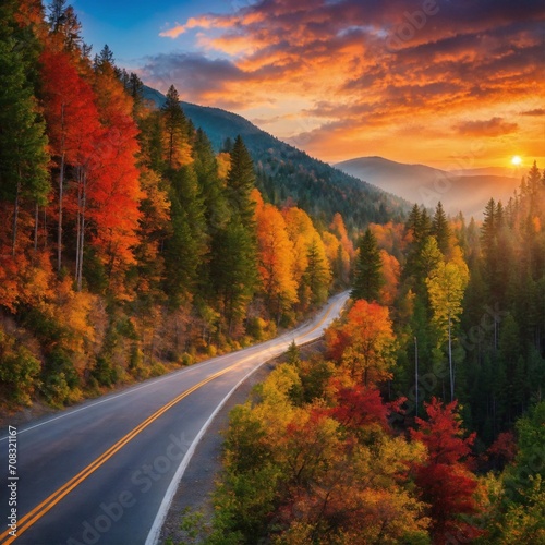 Road scenery in natural with morning sunshine, beautiful sky generative ai illustration art