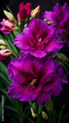 a large beautiful dark purple gladiolus flower rejoices in the sun